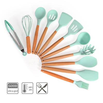 China Stocked Kitchen Accessories Cooking Tools Kitchen Utensils Kitchenware Soft Silicone With Wooden Handles Hot Sale Pink 12pcs In1set for sale