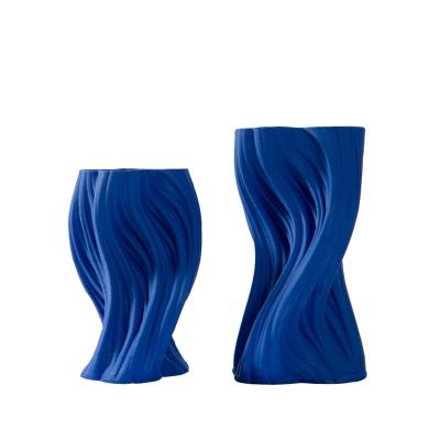 China Ceramic 3D Aluminum OEM/ODM Printed Vase Blue Abstract Vase Ripple Shape Creative Artificial Flower Modern Design Art Vase for sale