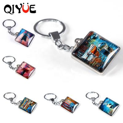 China Customizable Customize Photo Oil Painting Double Sided Crystal Glass Keychain for sale