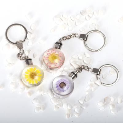 China Real Flower Dried Flower Snow Bead Glowing Round Glass Key Chain for sale