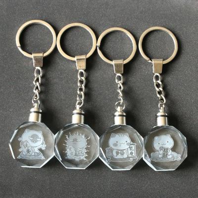 China Laser Engraving Factory Outlet LED Light Laser Engraved Lucky Cat Crystal Glass Keychain for sale