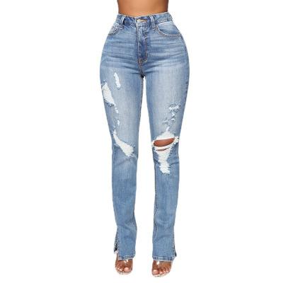 China Custom 2022 New Viable Wholesale Blue Washed Blue Washed Skinny Stretch High Waist Jeans Slit Edge Pencil Pants Womens Pants for sale