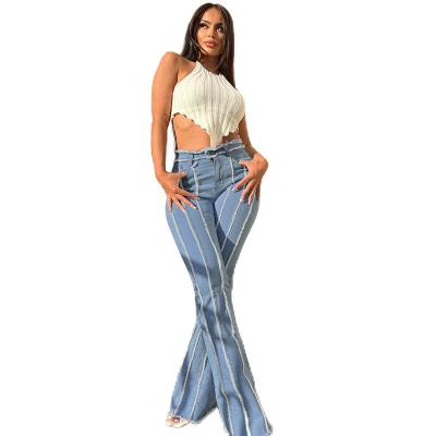 China Custom Made Viable Ladies Jeans 2022 New Arrivals Fashion Personality Fringe Pants High Waist Blue Jeans Women Flare Jeans for sale