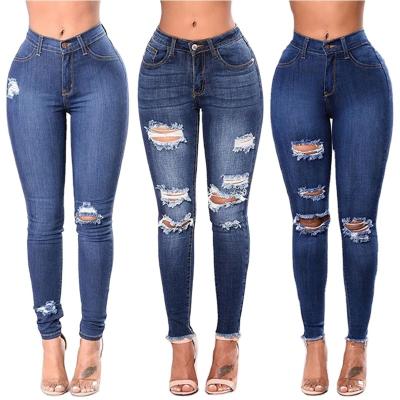 China 2022 QUICK DRY stretch skinny distressed ripped jeans ladies elastic waist custom made high waisted jeans wholesale for sale