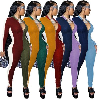 China S3208-wholesale fashion sustainable patchwork ribbed jumpsuit long sleeve workout jumpsuit for women for sale