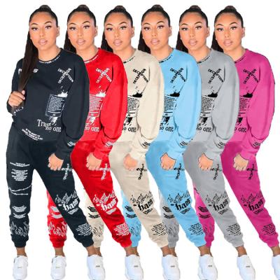 China New Arrival Anti-pilling Casual Ladies Teams Long Sleeve Sweatshirt Printing Autumn Women Two Piece Pants Set for sale