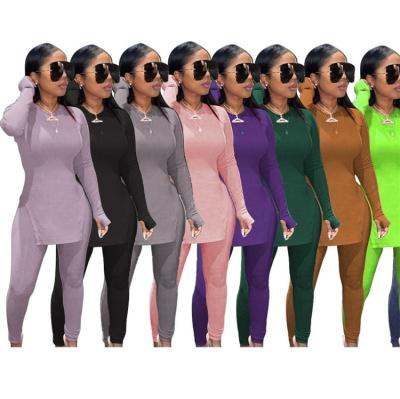 China Anti-pilling Popular Casual Ladies Teams Long Sleeve T-Shirt Split Solid Autumn Women Pants Two Piece Set for sale