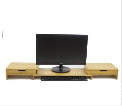 China Modern Modern Adjustable Bamboo Monitor Stand Expandable Computer Desk Organizaer with 2 Pull-Out Drawers for Home and Office Use for sale