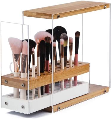 China 29 Holes Sustainable Acrylic Bamboo Brush Holder Organizer Beauty Cosmetic Display Stand With Leather Drawer for sale