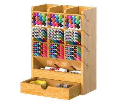 China Bamboo Bamboo Pen Organizer for Desktop Wooden Multifunctional Stationary Pencil Holder with 14 Compartments for sale