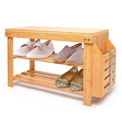 China Modern Bamboo Shoe Rack Bench Shoe Bench, Bamboo Entryway Bench Shoe Organizer with One Side Rack for sale