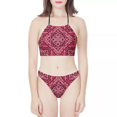 China 1 Moq Breathable Girls Swimsuit Customized Pattern Fashion Swimwear Single Bikini Bandana Print Two Piece Bikini Set Swimwear for sale