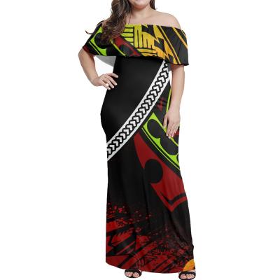 China Retro Viable Style Gradient Ruffle Off Shoulder Dress Beach Design Tatoo Polynesian Tribal Line Print Off Shoulder Dress for sale