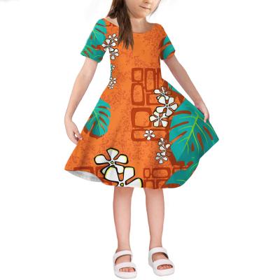 China Casual Anti-wrinkle Toddler Dresses Kids Kakau Hawaiian Plumeria Polynesian Little Girls Summer Sweet Off Shoulder Short Sleeve Dresses for sale