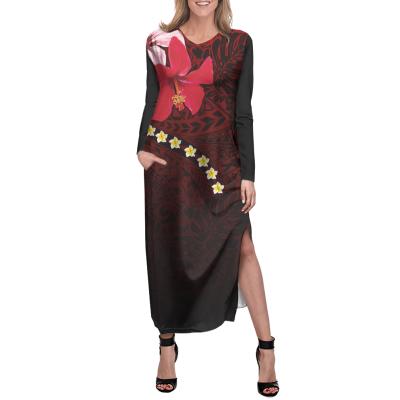 China TRANSLUCENT Black Gradient Polynesian Tribal Print Dresses Nova Slit Maxi Vestidos Long Sleeve Plus Size Dresses Women Autumn Elegant Winter for sale