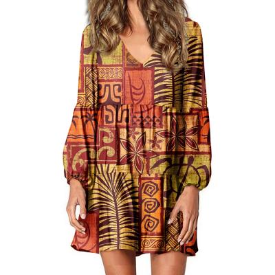 China Anti-Wrinkle Lantern Sleeve Dress Polynesian Tribal Hawaiian Moku Malihini Red Design Ladies Loose Clothing Knee-Length Women Tall for sale