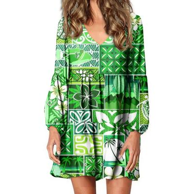 China Anti-Wrinkle Lantern Sleeve Dress Daily Women Pattern Design Green Polynesian Traditional Tribal Hawaiian Ladies Large Plus Size Summer Dress for sale