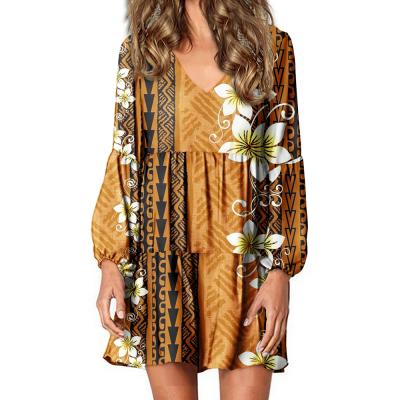 China Anti-Wrinkle Lantern Sleeve Diary Dress Summer Polynesian Tribal Orange Feminine Women Design Plumeria Islands Formal Dress Beautiful for sale