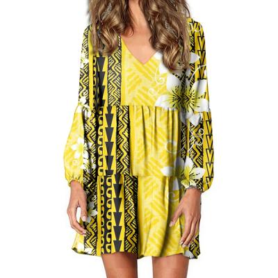 China Daily Anti-Wrinkle Lantern Sleeve Dress For Women Autumn Polynesian Islands Plumeria Yellow Designs Ladies Large Elegant Dress for sale