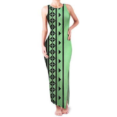 China Best Selling Polynesian Tribal Tribal Bodycon Fit Slit Best Maori Tattoo Design Ladies Anti-Wrinkle Island Wear Custom High Split Maxi Dress for sale