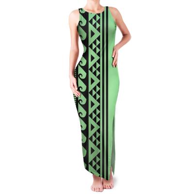 China Custom Lady Anti-Wrinkle 3d Printing Polynesian Maori Beach Casual Hot Sale Long Dress High Split Vest Dress Tattoo Green Designs Female for sale