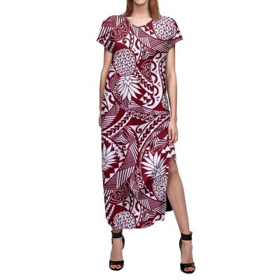 China Customized Dropshipping 4xl Breathable Burgundy Pineapple Hawaiian Tribal Tattoo Print Women's Loose Long Dresses for sale