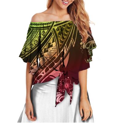 China QUICK DRY Off The Shoulder Women Customized On Full Demand Hawaii Plumeria Polynesian Patterns Flare To Sheath Elegant Soft Chiffon Blouse for sale