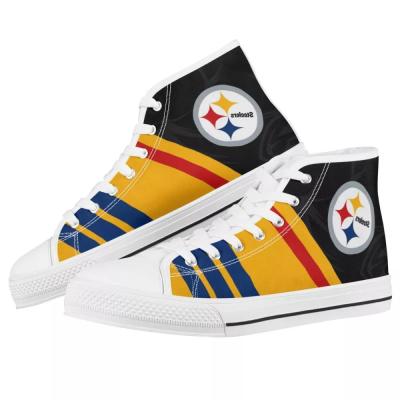 China Fashion Trend Factory Price nfle Canvas Shoes Team Style Cosplay Light Yellow Pittsburgh High Top Custmized Logo No Minimum Girl Shoes for sale