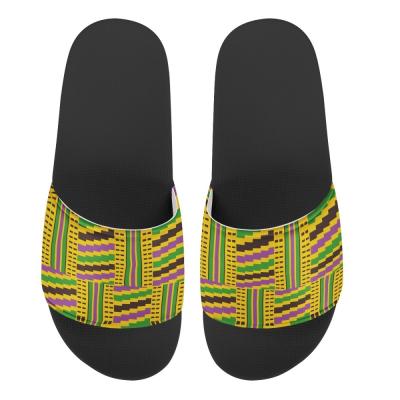 China 2021 Fashion Trend Black Slippers For Ladies Bedroom Sandals Kente Geometric Printed Flip Flop Slides Slippers Custom Logo for sale