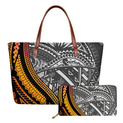 China Waterproof Purse Shoulder Bag Set Custom Polynesian Traditional Tribal Black Printed Top Handle 2pcs Print Women Handbags Satchel for sale