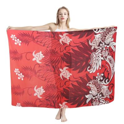 China Wholesale Soft Smooth Feeling Custom Design Turtles Polyester Blend Tribal Style Printed Beach Towel Women's Sarongs Scarf Polynesian Forest Sea for sale