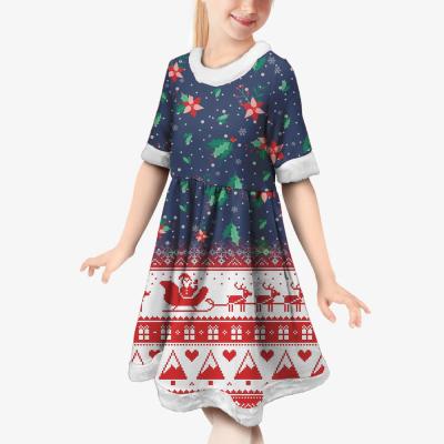 China Anti-Wrinkle Gift Pattern Printing Christmas Party Dress White Lightweight Children Christmas Girl Luxury Dress Custom Design Christmas Kids Dress for sale