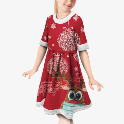 China Anti-Wrinkle Gift Pattern Printing Christmas Party Dress White Lightweight Children Christmas Girl Luxury Dress Custom Design Christmas Kids Dress for sale