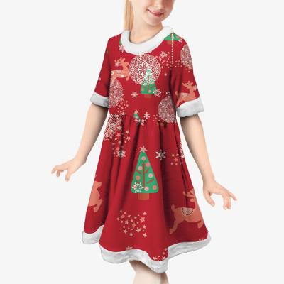 China Red Anti-wrinkle Girls Christmas Dress Cartoon Pattern Print Christmas Girl Dress Christmas Gift For Kids My First Christmas Dress for sale