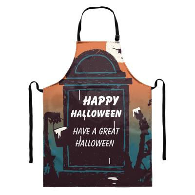 China New Arrival Soft Halloween Pattern Style Desgin Aprons Orange Weird Waterproof Kitchen Tombstone Printing Apron Customized Apron for sale