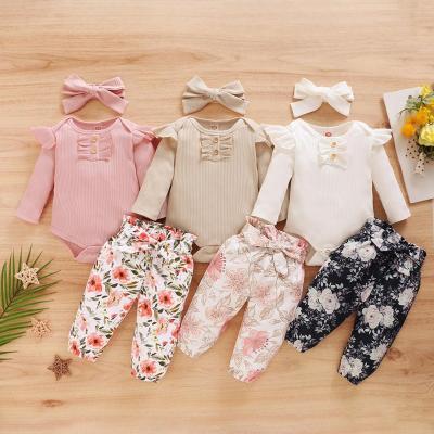 China QUICK DRY Toddler Babies Clothes Sets 3PCs Long Sleeve Ruffles Romper Bodysuit+Floral Pants Outfits Newborn Kids Clothing Outfits for sale