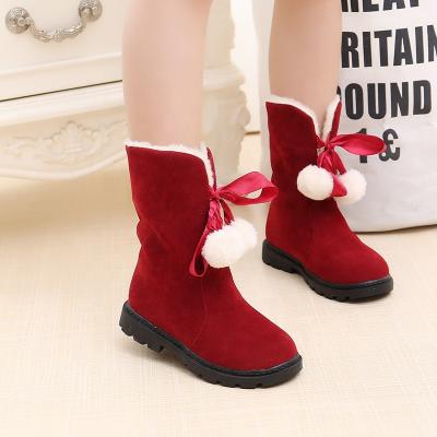 China Christmas Warm Snow Boot Mid-Calf Eva Hairball Suede Fur Winter Kids Shoes Girl Fluffy Pink Black Red Sole Princess Anti-Slippery For Kids for sale