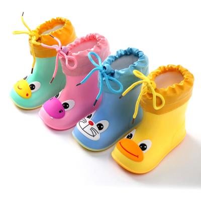 China Lightweight Kids Cartoon Wide Main Frenulum PVC Lace Up Rain Boots for 1-8 Years Old Boys and Girls for sale