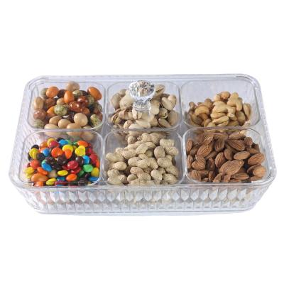 China Freshness Preservation Recrectangular Snack Serving Tray with Lid Appetizer 6 Acrylic Compartments Recrectangular Food Storage Plastic Organizer for for sale