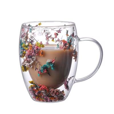 China Beautiful Sustainable Hot Sale Colorful Coffee Mug With Dry Layer Borosilicate Flower Double Wall Glass Coffee Tea Mug for sale