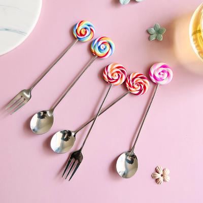 China Beautiful Viable Creative Gold Silvery Lollipop Donut Dessert Coffee Milk Mix Stirring Stainless Steel Spoon Fork for sale