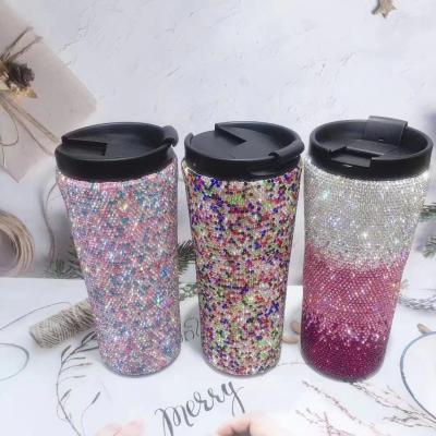 China PORTABLE Customized Colorful Diamond Rhinestone Tumbler Stainless Steel Vacuum Cup With Plastic Lid for sale