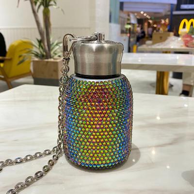 China PORTABLE Mini Cute Diamond Crystal Stainless Steel Belly Cup Vacuum Flask Girls Water Bottle Large With Chain for sale