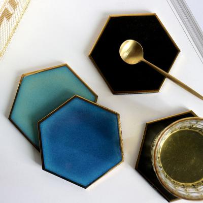 China Creative Hexagonal Ceramic Cup Coaster 10cm High Quality Viable Tableware Mat Creative Candle Tea Cup Non-Slip Mat for sale