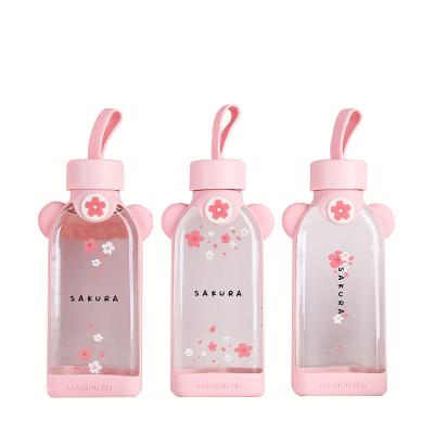 China Flamingo Viable Cactus Pink Cherry Pattern Glass Water Bottle Portable Custom Gift Cup 350ml for sale