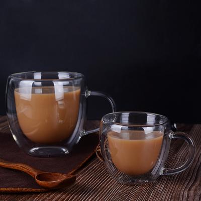 China 250ml High Borosilicate Milk Coffee Mug Heat Resistant Customized Logo Double Layer Disposable Transparent Glass Mug for sale