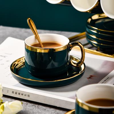 China Viable European Style Phnom Penh Dark Green Coffee Cup With Tray Set Family Restaurant Luxury Afternoon Tea Milk Cup And Tray Set for sale