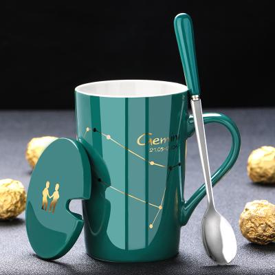 China New Bone China Twelve Viable Constellation Pattern Gold Ceramic Mug With Lid Spoon Couple Cup Coffee Milk Water Custom Logo Ceramic Mug for sale