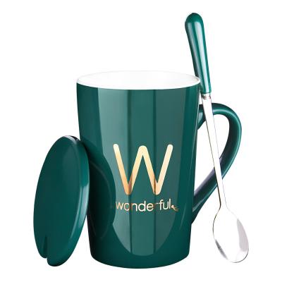 China Creative Viable Letter 420ml Ceramic Coffee Mug Drinkware Mug With Lid Spoon Green Man Woman Black White Couples Milk Tea Mug for sale