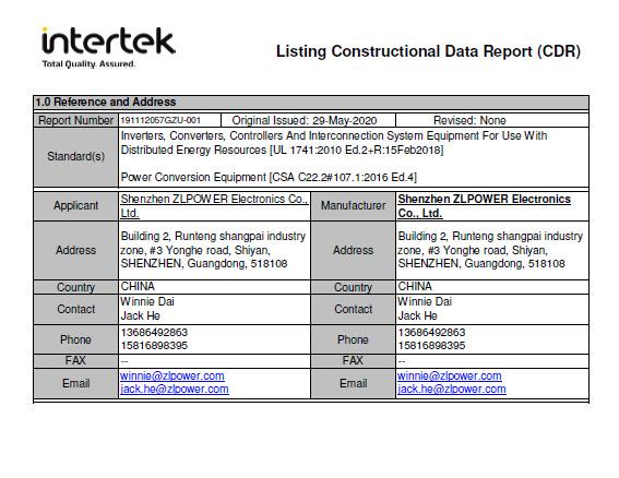 ETL - Shenzhen Zlpower Electronics Co., Ltd.